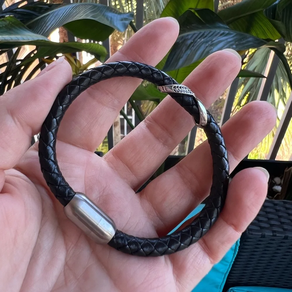 Black Braided Leather Bracelet with Black CZ Pavé Accent